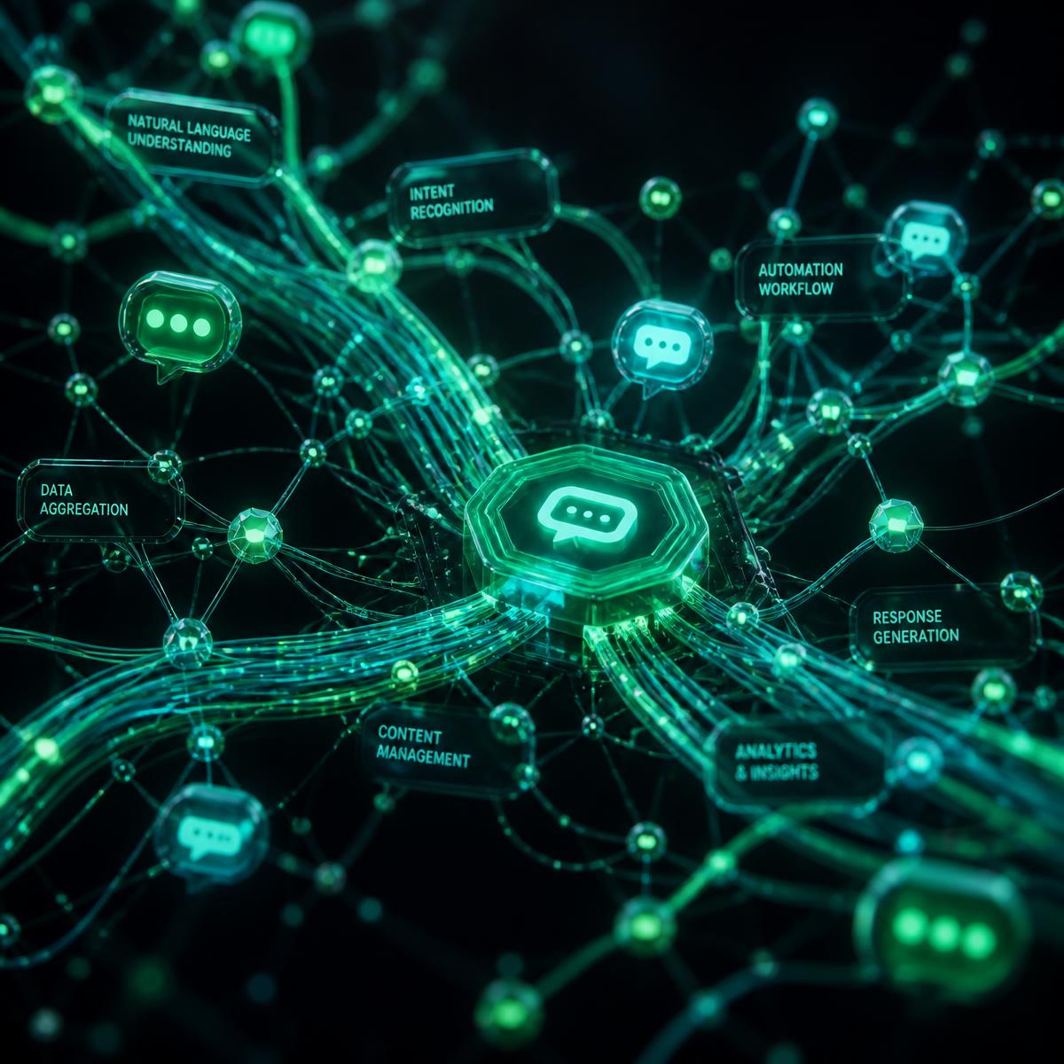 Glowing neural network of AI automation and messaging nodes